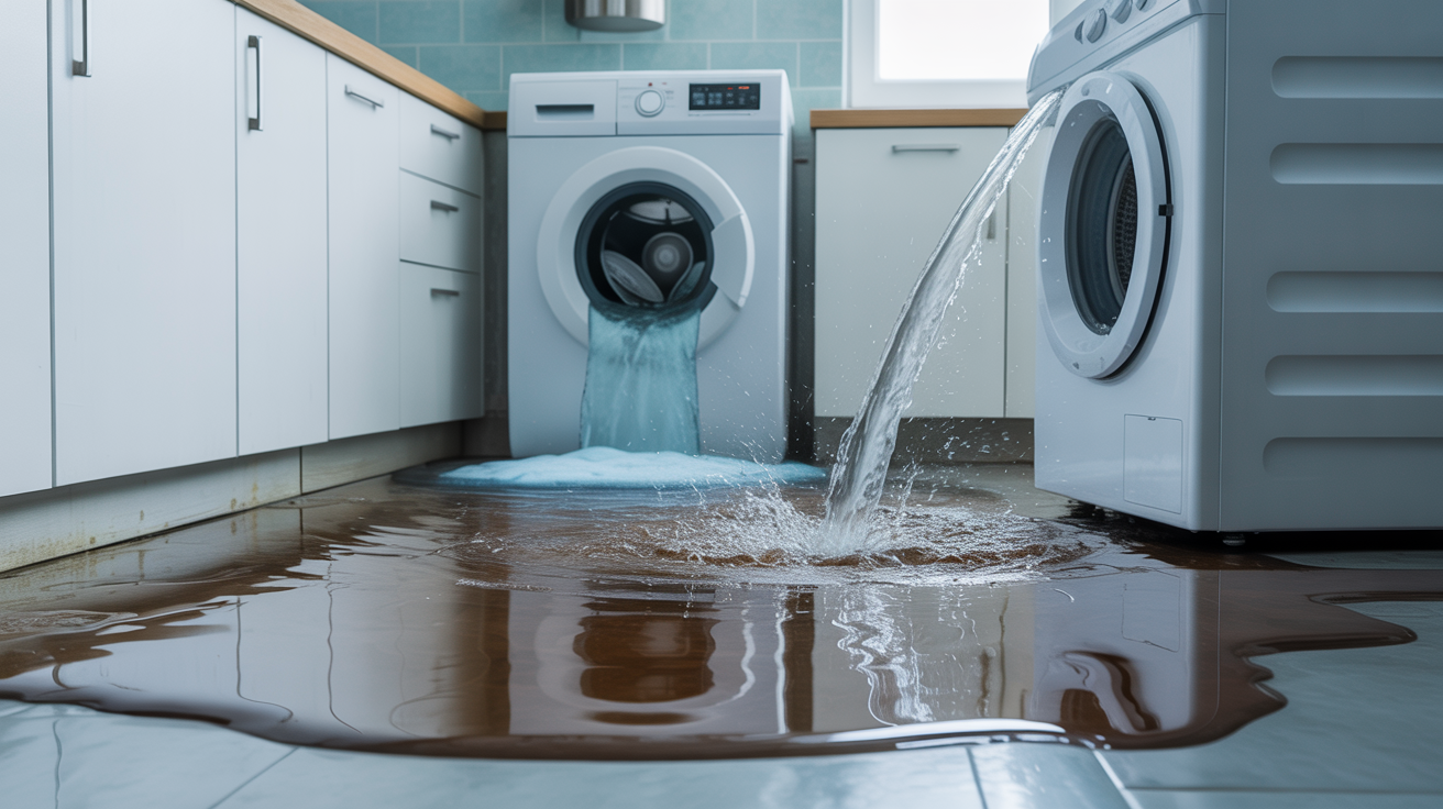 Burst pipe, overflowing washing machine, and a leaking pipe are shown as common water incident causes.