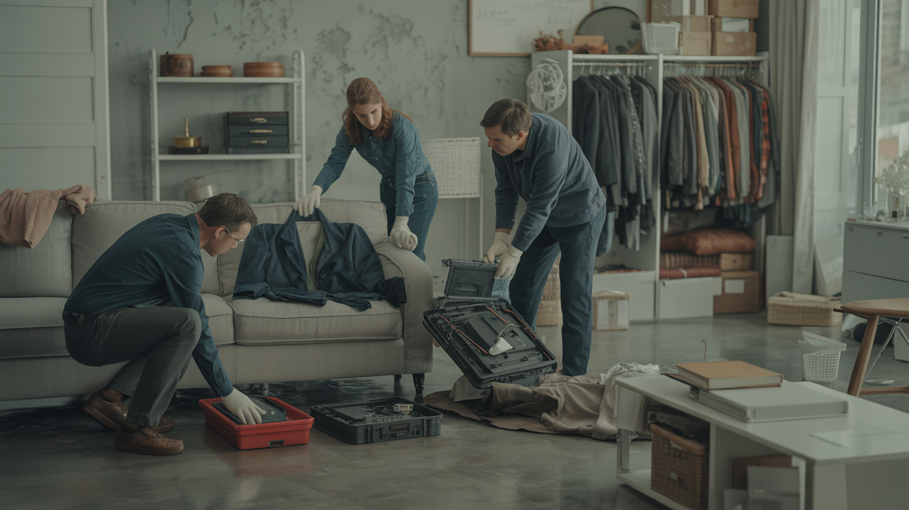 Teams evaluating and cleaning furniture, clothing, electronics, and documents after water damage.