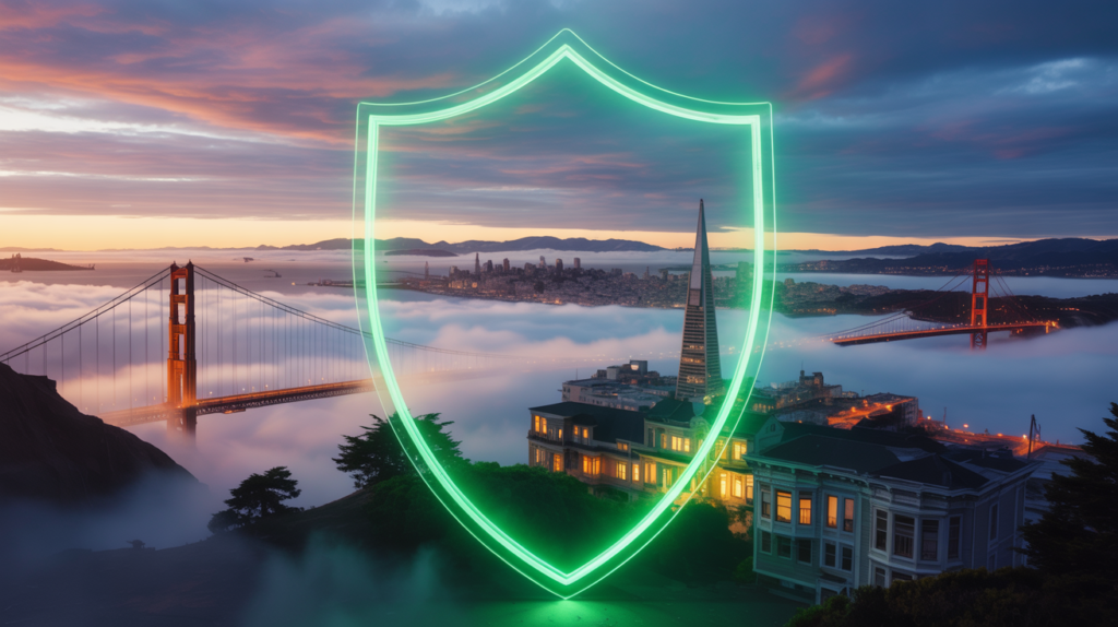 San Francisco protected by a green shield, symbolizing eco-friendly water damage restoration.