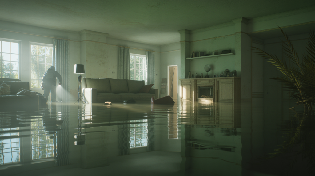 Flooded room with water damage, furniture submerged, lone figure with flashlight.
