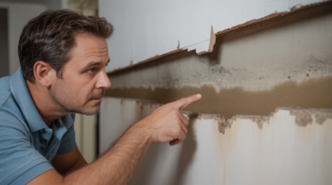 Homeowner inspecting water-damaged drywall. Important to fix the water source.