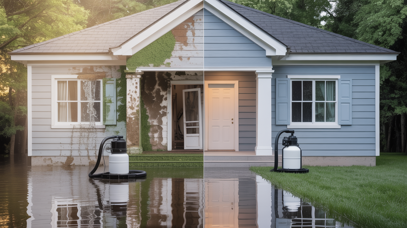 Comparison of water-damaged vs. restored home, emphasizing the importance of timely water damage restoration.