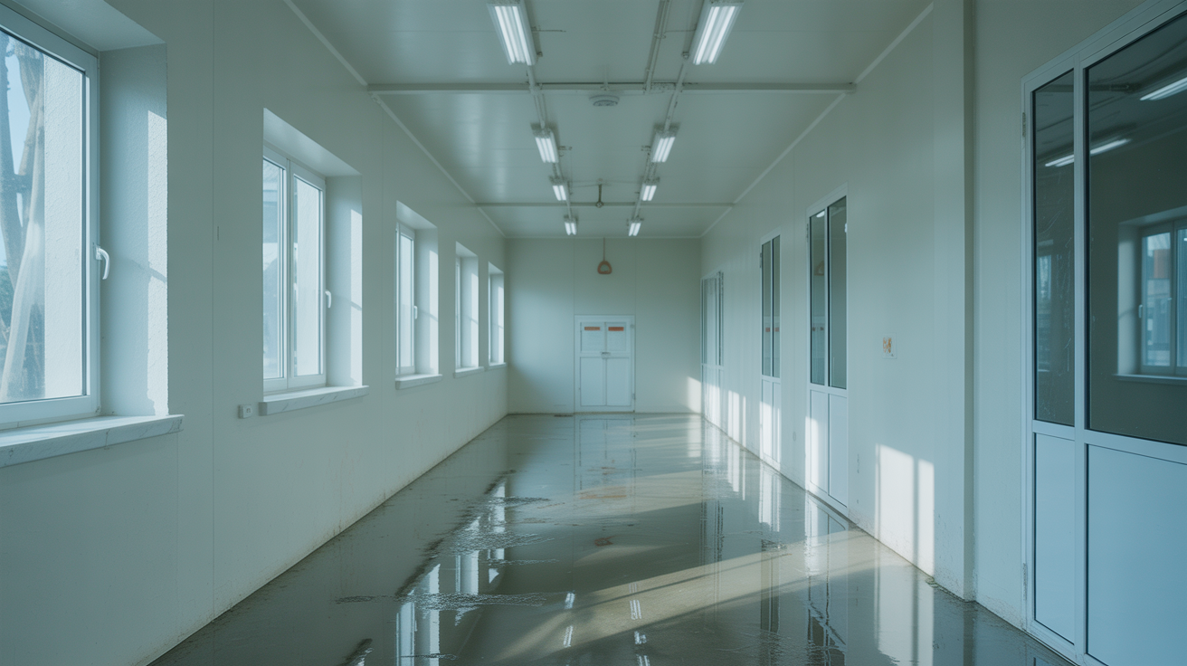 Lingering stale, musty odors in a water-damaged building, indicating microbial growth.