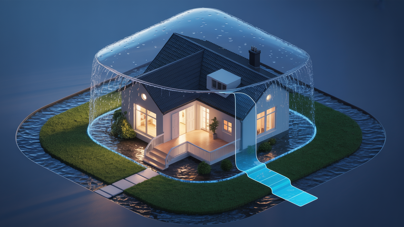 Home protected by a shield, showcasing water leak detection systems for preventing future water damage.