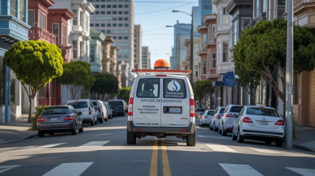Water damage restoration van in Mission District of San Francisco.