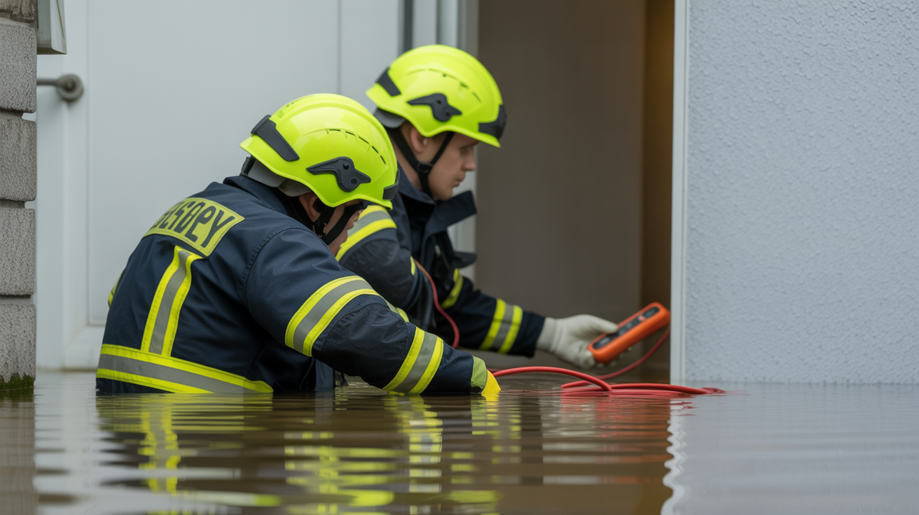 Emergency response team checks for electrical hazards and identifies the water intrusion source.