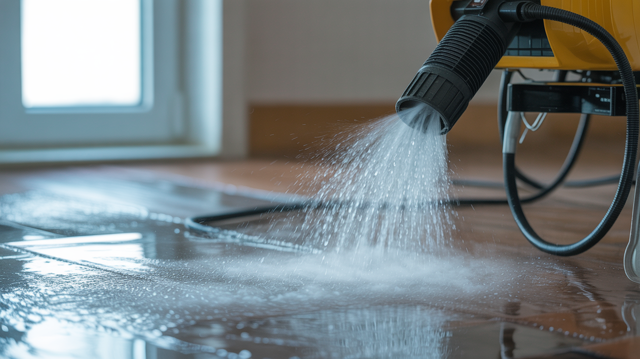 Air circulating across wet surfaces, dehumidification equipment removing moisture.