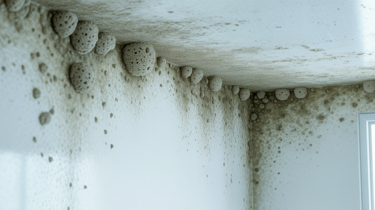 Mold growing on wet materials, with mold spores visible in the air.