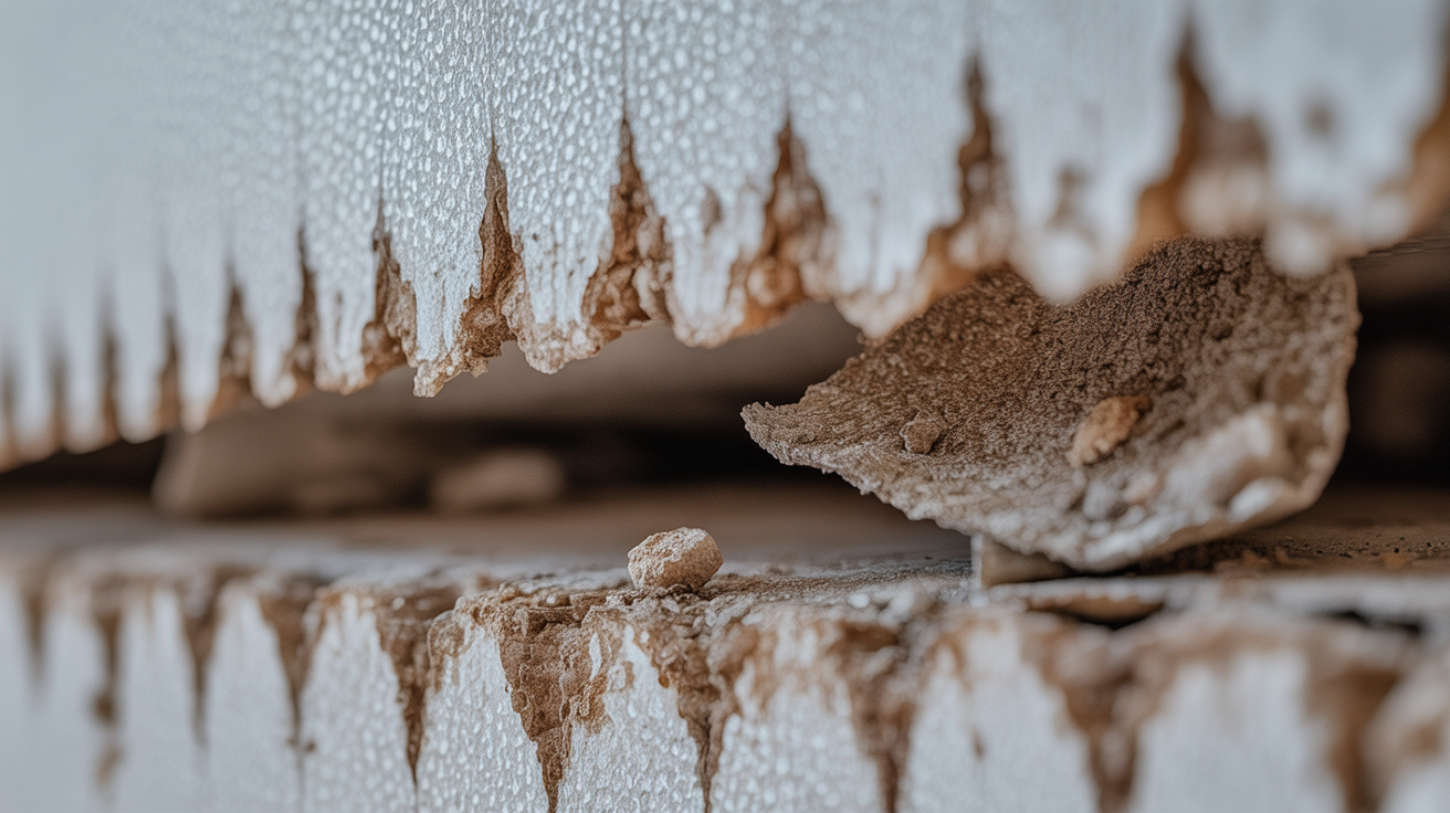 Close-up of damaged drywall, showing porous texture and water damage.