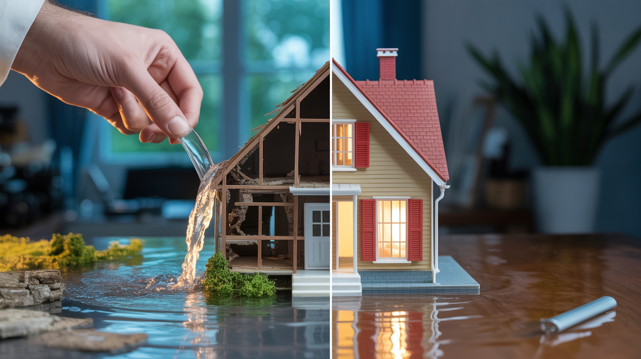 Time-lapse of house model deteriorating from water, then being restored, illustrating the water damage restoration process.