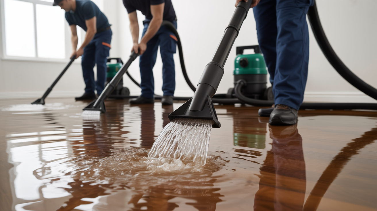 Team members using wet vacuums and high-capacity pumps to extract water from carpets, hardwood, and walls.