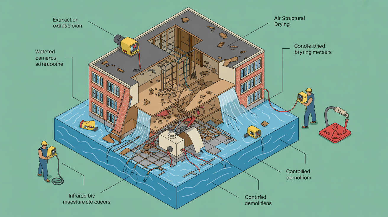 Isometric view of building with water damage restoration processes labeled: water extraction, drying, demolition.